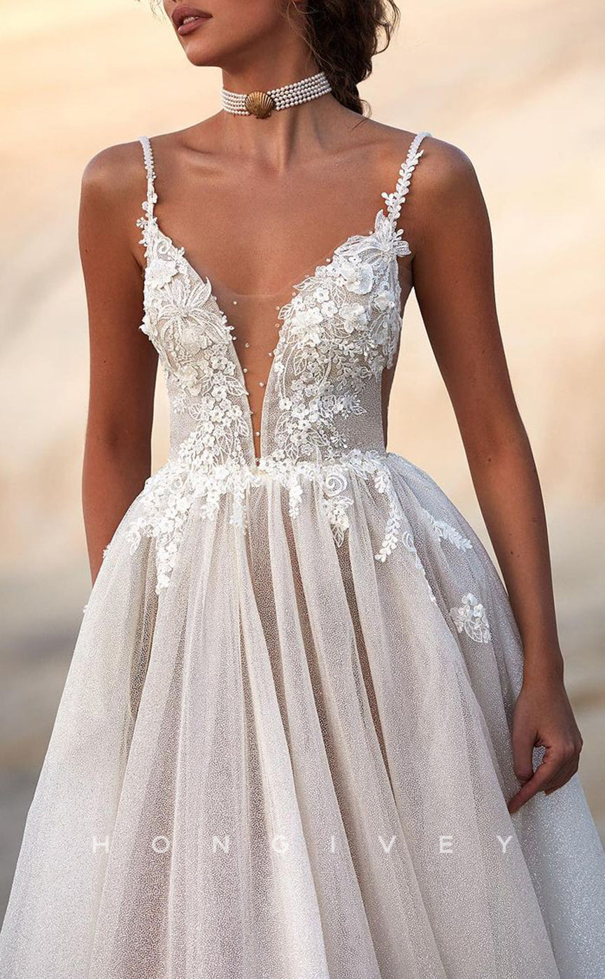 H1137 - Sexy Tulle A-Line V-Neck Spaghetti Straps Backless Appliques Train Wedding Dress