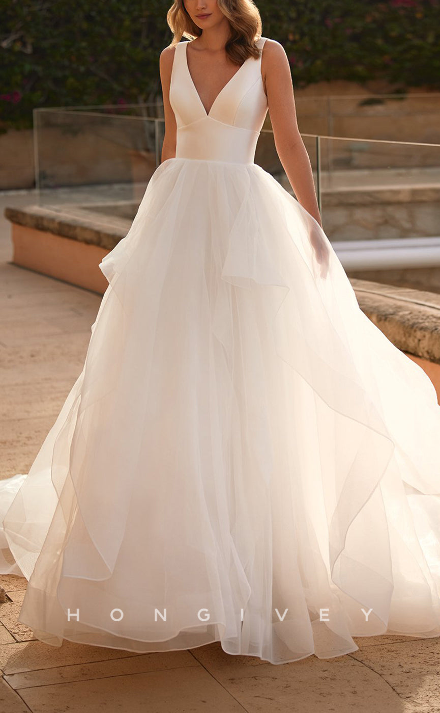 H1144 - Sexy Tulle A-Line V-Neck Empire Sleeveless With Train Wedding Dress