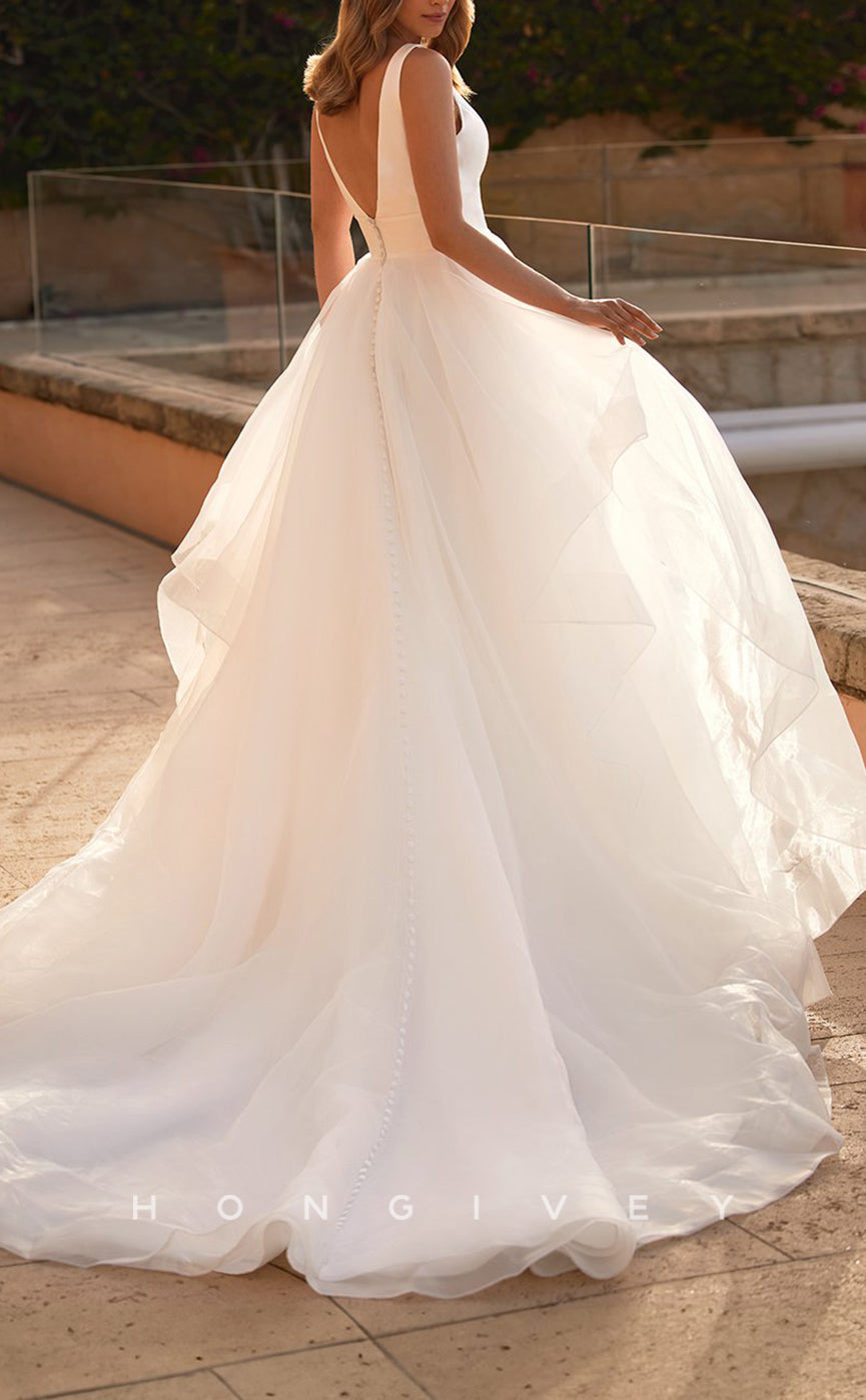 H1144 - Sexy Tulle A-Line V-Neck Empire Sleeveless With Train Wedding Dress