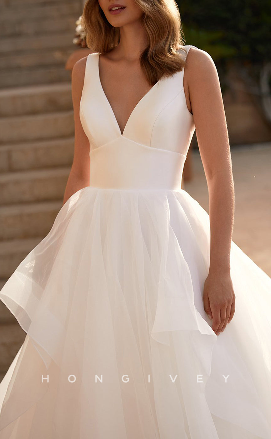 H1144 - Sexy Tulle A-Line V-Neck Empire Sleeveless With Train Wedding Dress