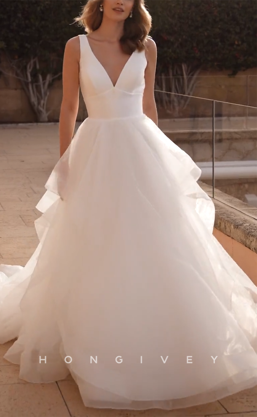 H1144 - Sexy Tulle A-Line V-Neck Empire Sleeveless With Train Wedding Dress