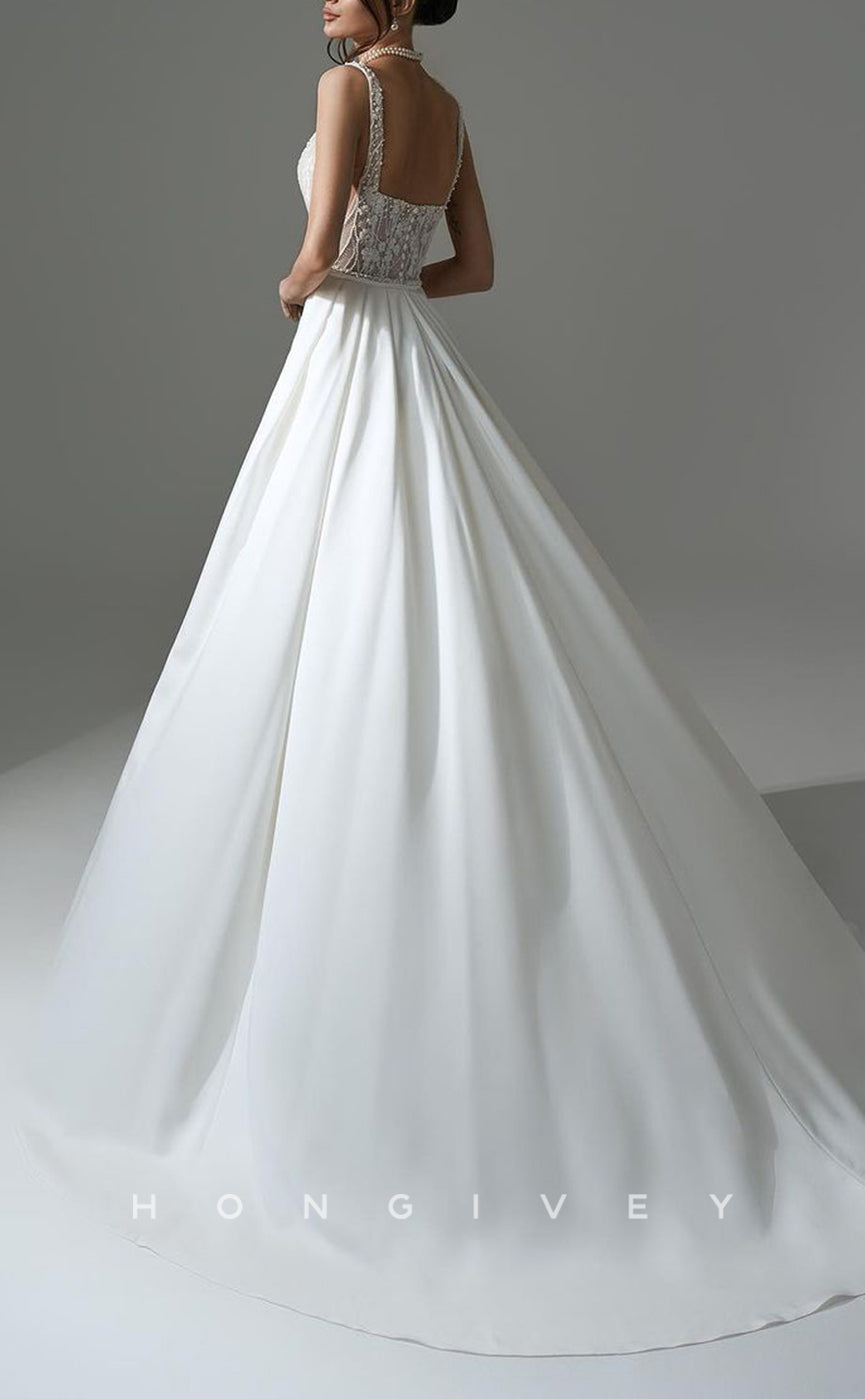 H1146 - Sexy Satin A-Line Square Spaghetti Straps Appliques With Side Slit Wedding Dress