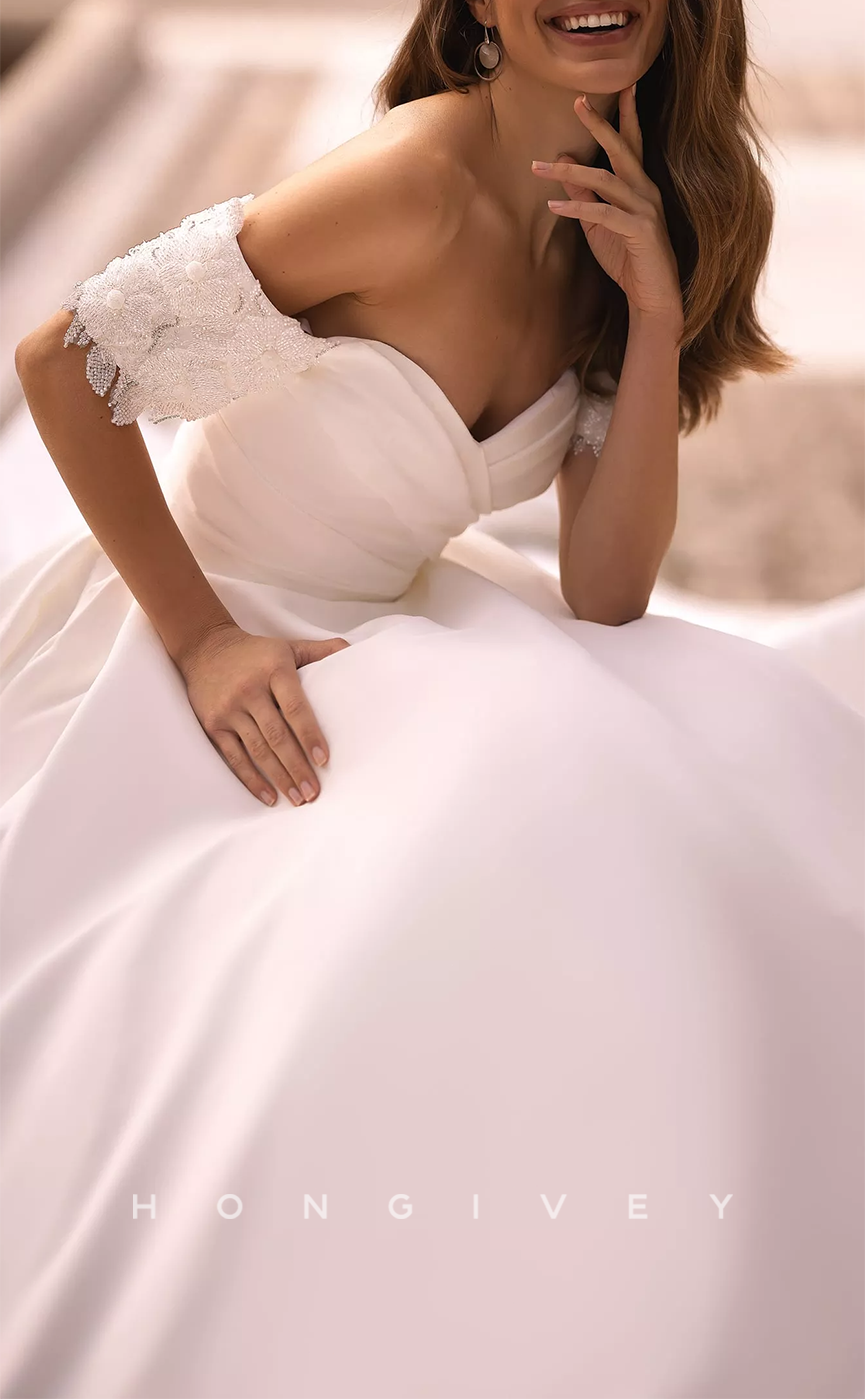 H1151 - Sexy Satin A-Line Off-Shoulder Ruched Empire Appliques With Train Wedding Dress