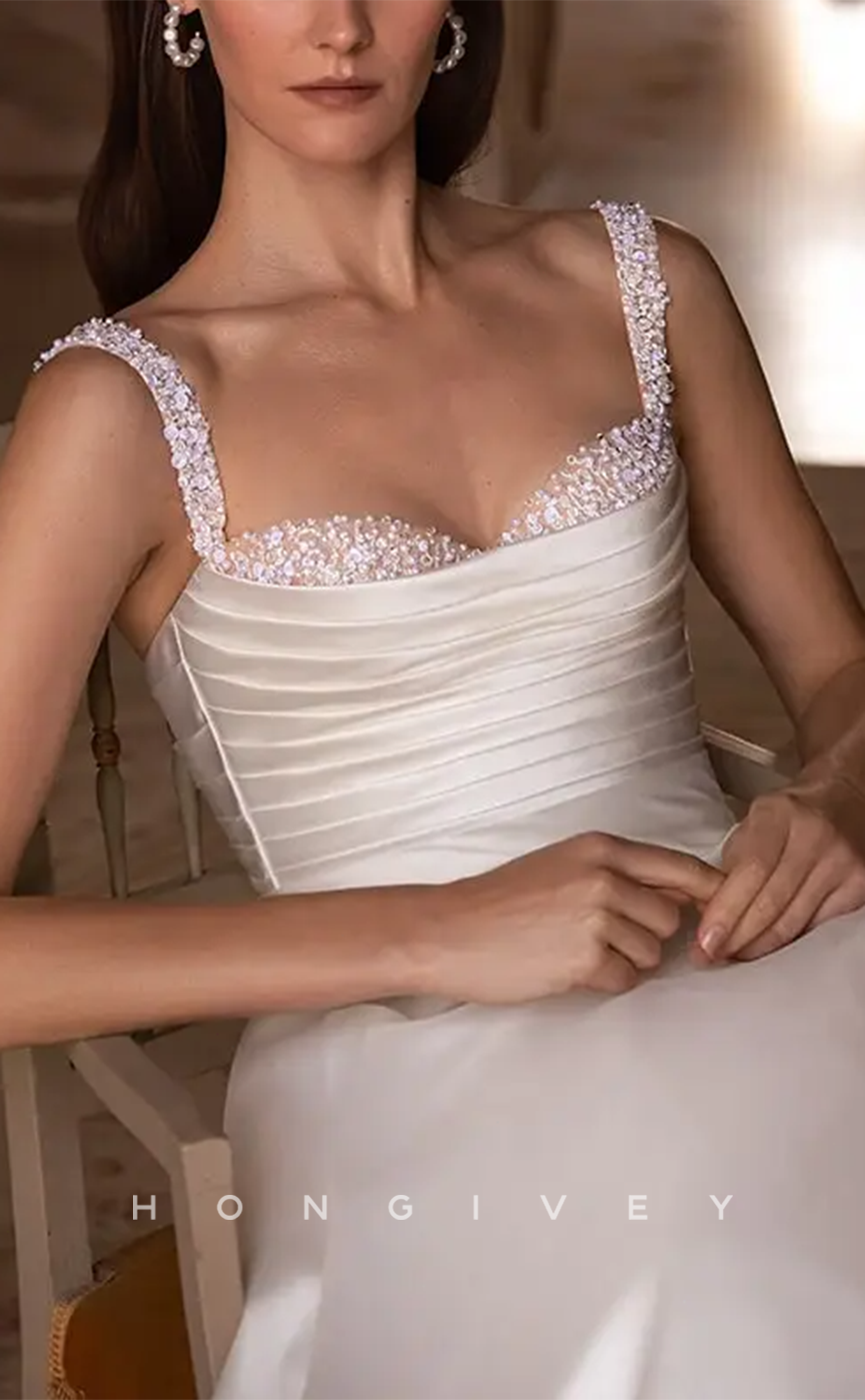 H1157 - Sexy Satin A-Line Sweetheart Spaghetti Straps Empire Ruched With Train Wedding Dress