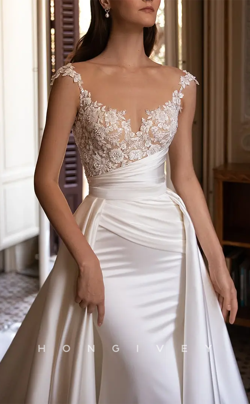 H1160 - Sexy Fitted Satin Sweetheart Spaghetti Straps Appliques Ruched With Overlay Train Wedding Dress