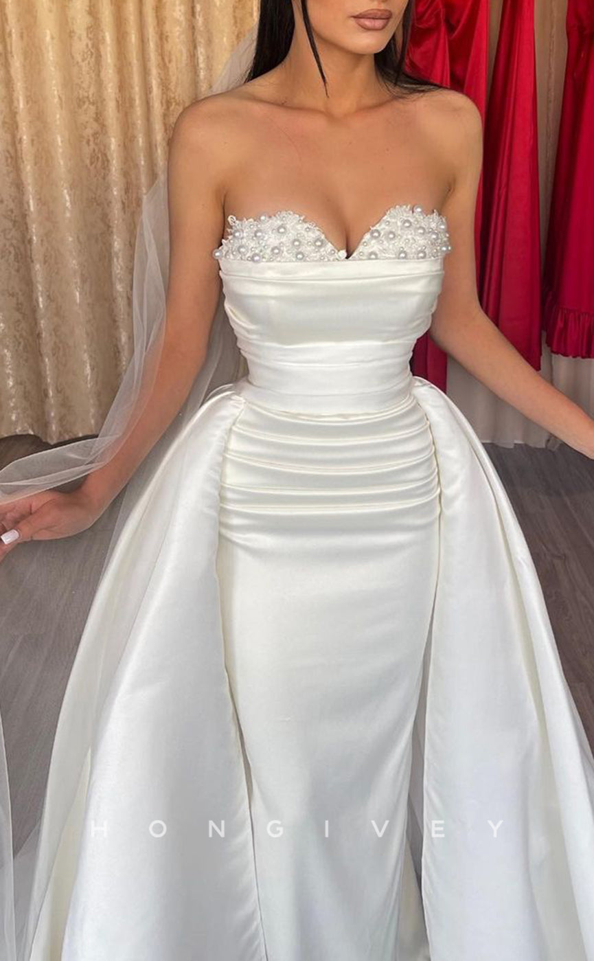 H1161 - Sexy A-Line Satin Sweetheart Strapless Sleeveless Draped Draped Train Wedding Dress