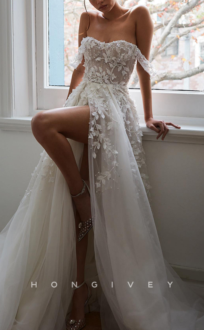 H1173 - Sexy A-Line Tulle Illusion Off-Shoulder Long Sleeve Appliques With Side Slit Train Wedding Dress