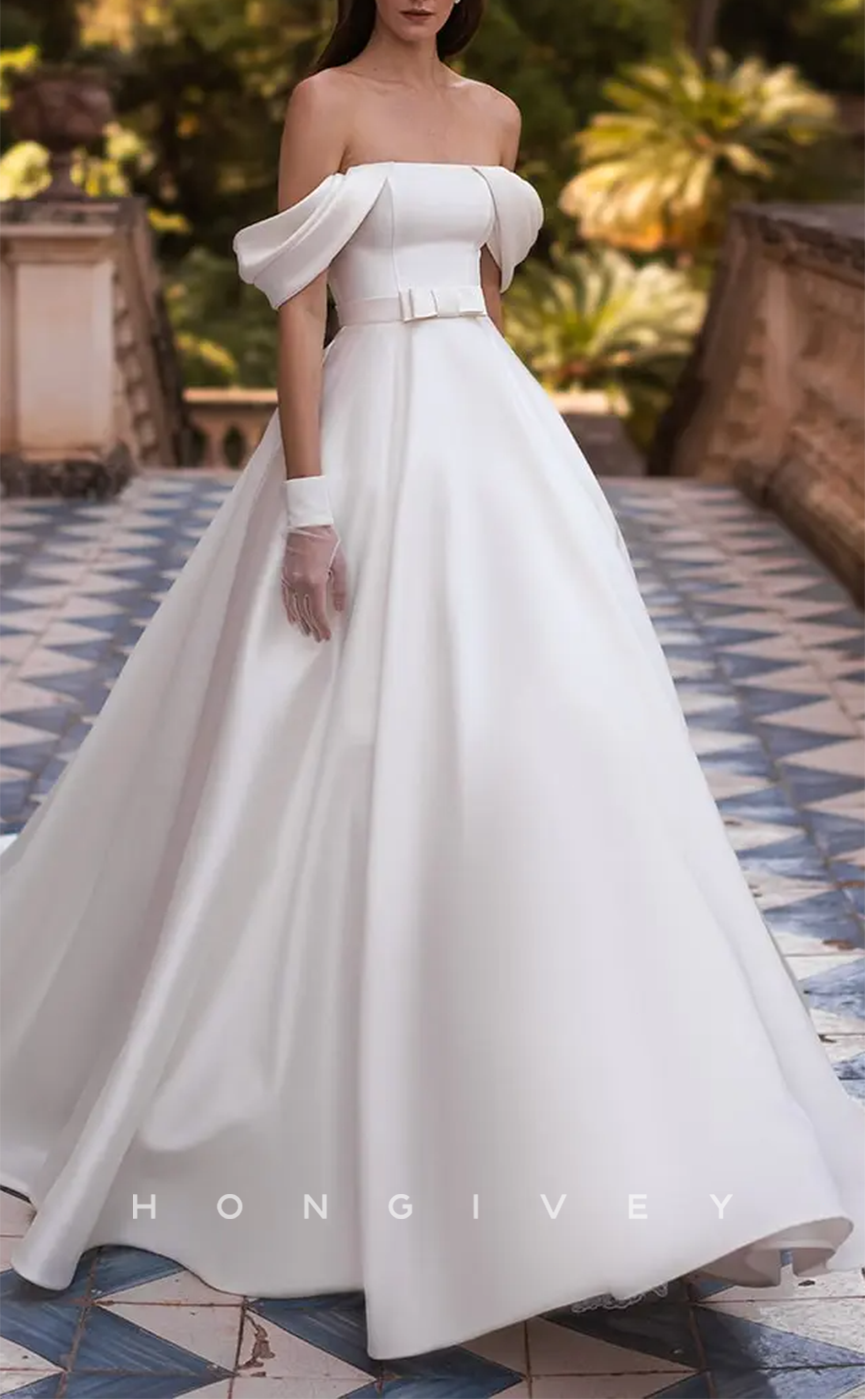 H1164 - Sexy Satin A-Line Off-Shoulder Empire Belt With Gloves Train Wedding Dress