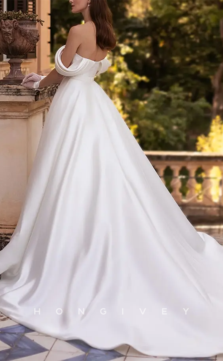 H1164 - Sexy Satin A-Line Off-Shoulder Empire Belt With Gloves Train Wedding Dress