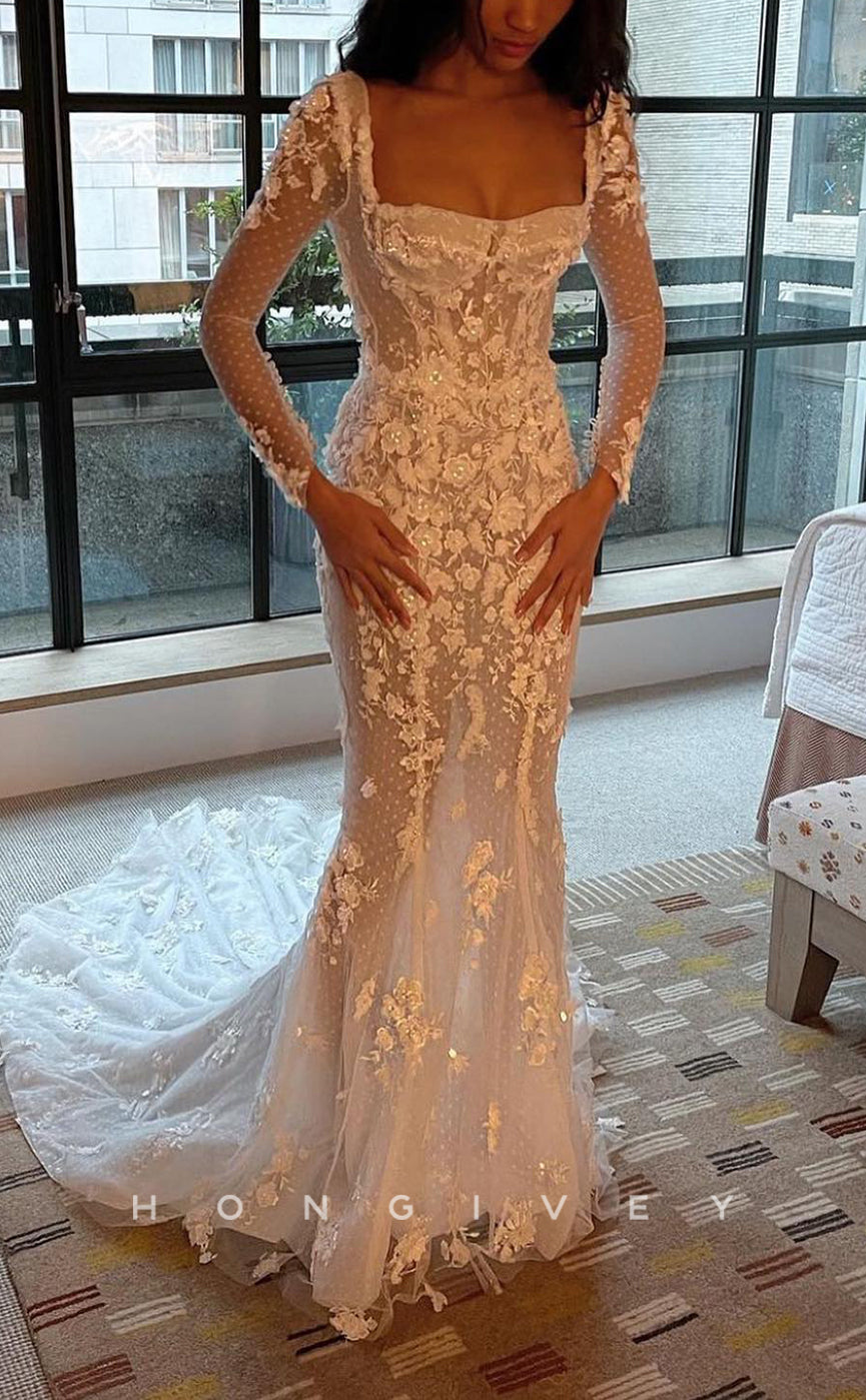 H1176 - Sexy Fitted Illusion Square Long Sleeve Appliques With Train Boho/Beach Wedding Dress