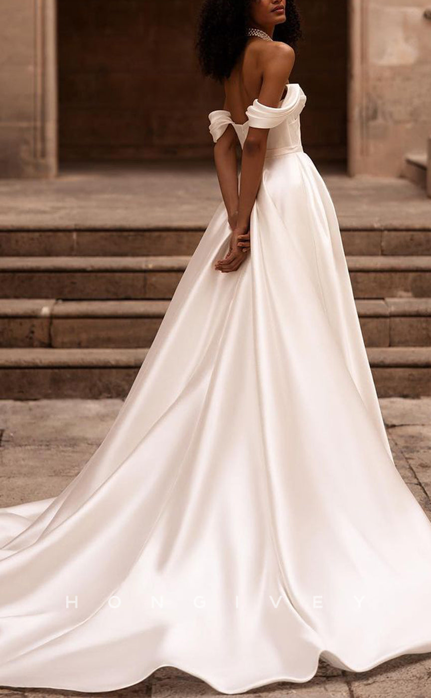 H1166 - Sexy Satin A-Line Off-Shoulder Empire With Side Slit Train Wedding Dress