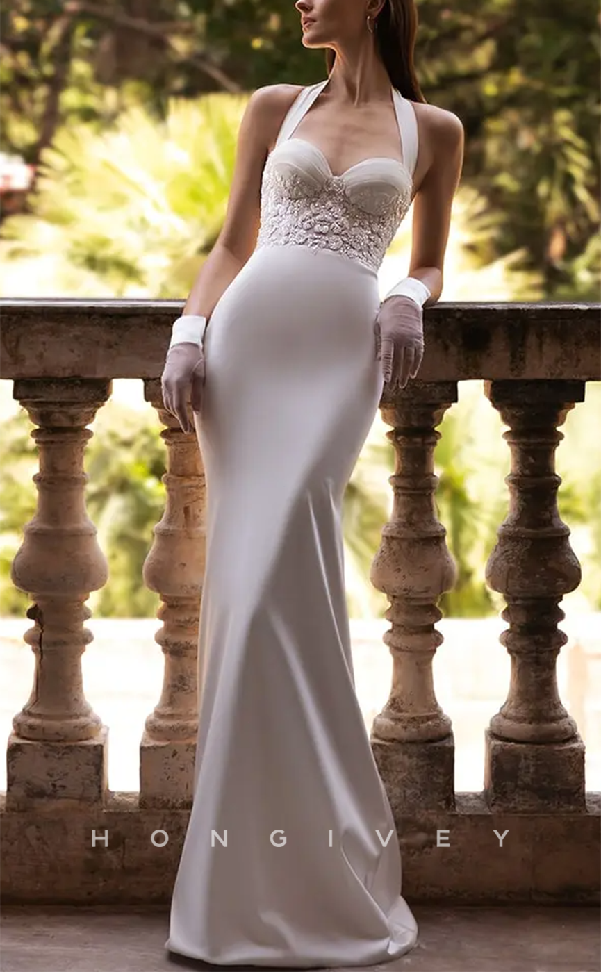 H1167 - Sexy Satin Fitted Sweetheart Halter Overskirt Gown Appliques Train Wedding Dress