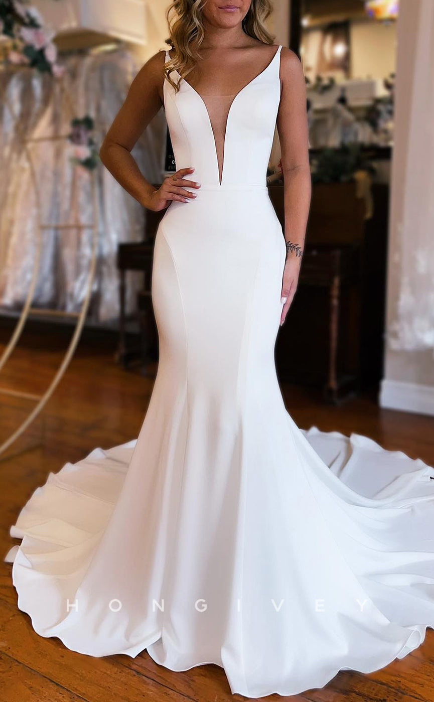 H1178 - Sexy Trumpt Satin Plunging  V-Neck Spaghetti Straps With Train Boho/Beach Wedding Dress