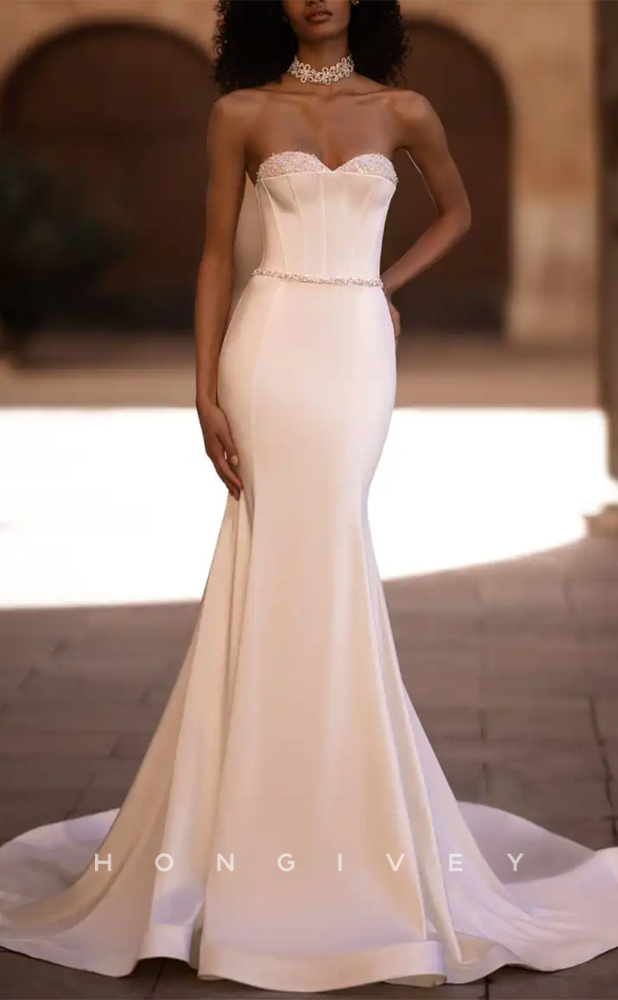 H1171 - Sexy Satin Trumpt Sweetheart Strapless Beaded Empire With Train Wedding Dress