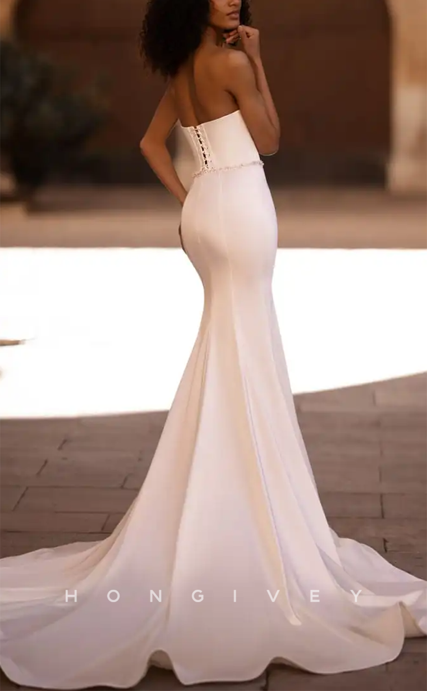 H1171 - Sexy Satin Trumpt Sweetheart Strapless Beaded Empire With Train Wedding Dress