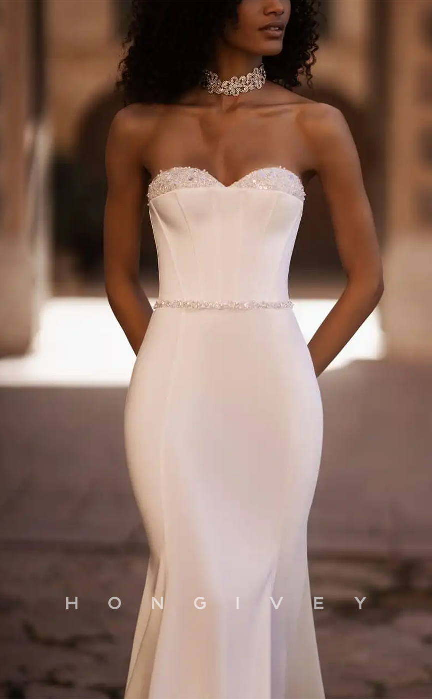 H1171 - Sexy Satin Trumpt Sweetheart Strapless Beaded Empire With Train Wedding Dress