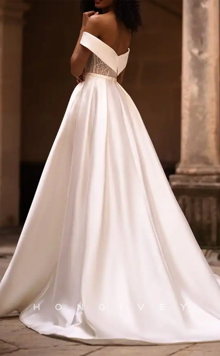 H1172 - Sexy Satin A-Line Off-Shoulder Appliques Empire With Side Slit Train Wedding Dress