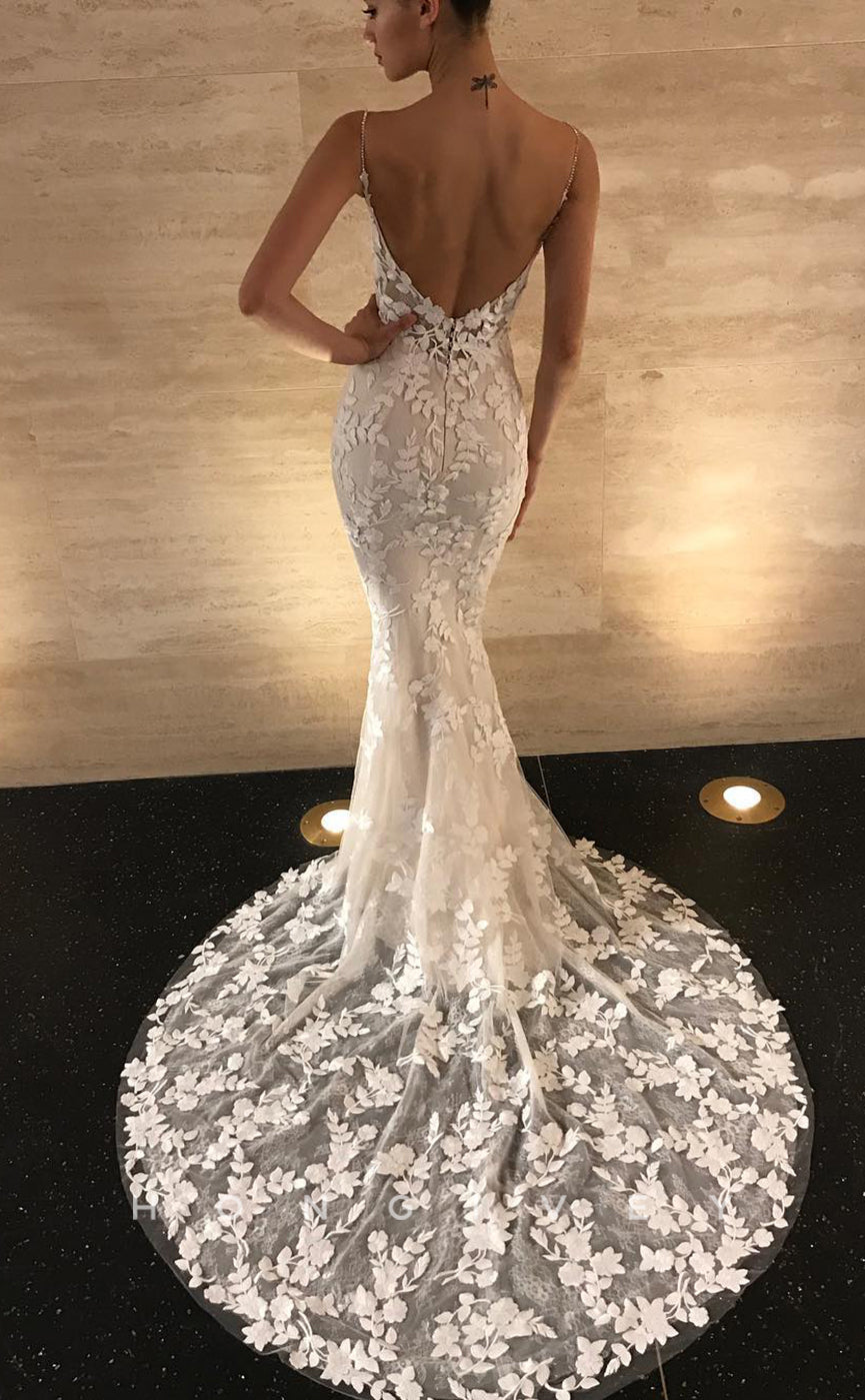 H1183 - Sexy Trumpt Satin Illusion V-Neck Spaghetti Straps Empire Appliques Boho/Beach Wedding Dress