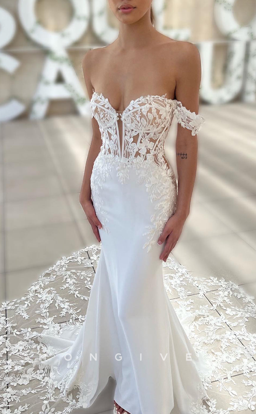 H1184 - Sexy Satin Trumpt Off-Shoulder Illusion Empire Appliques With Train Boho/Beach Wedding Dress