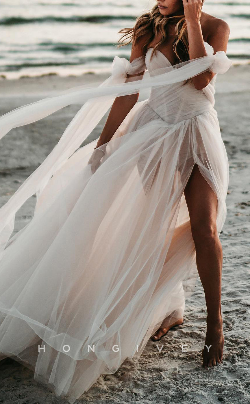 H1185 - Sexy Tulle Illusion A-Line Sweetheart Bowknot Strappy Empire With Side Slit Beach Wedding Dress