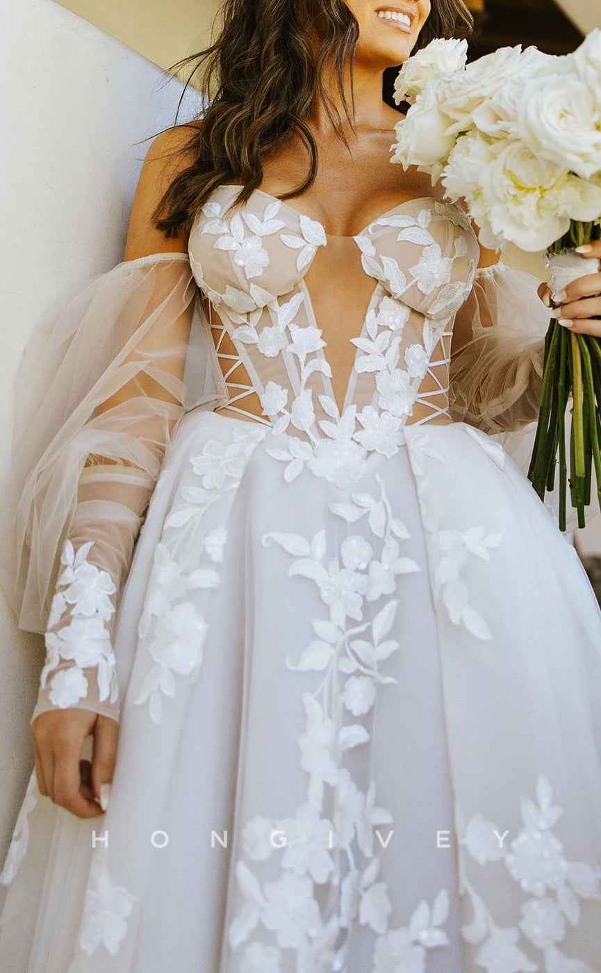 H1186 - Sexy Tulle A-Line Off-Shoulder Long Sleeve Empire Appliques Boho Wedding Dress