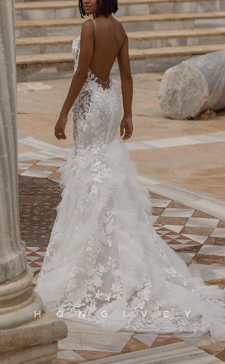 H1197 - Sexy Trumpt Lace V-Neck Spaghetti Straps Illusion Appliques With Train Boho/Beach Wedding Dress