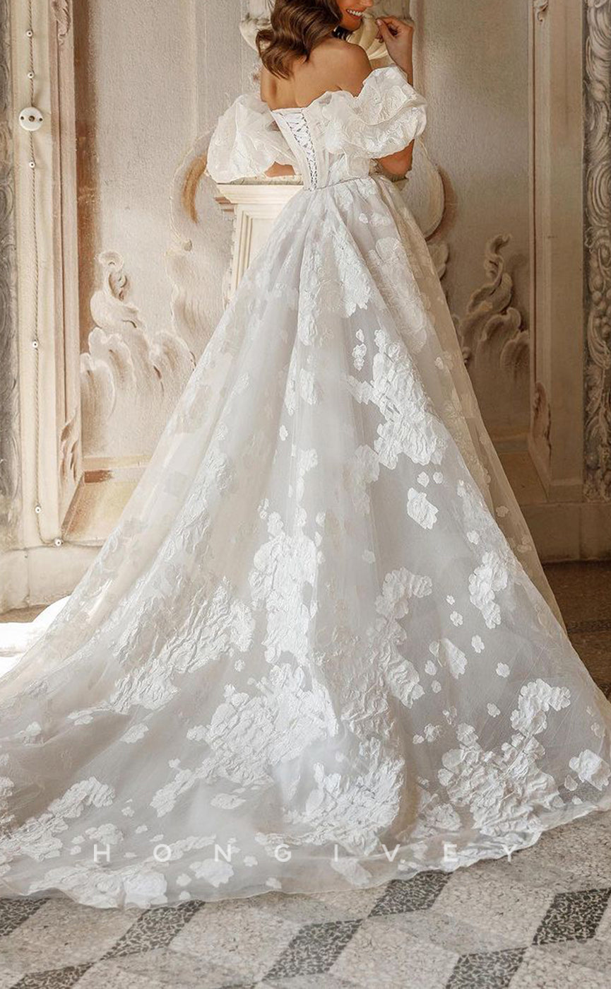 H1207 - Sexy Satin A-Line Bateau Strapless Puff Sleeves Gown Appliques Beaded With Train Wedding Dress