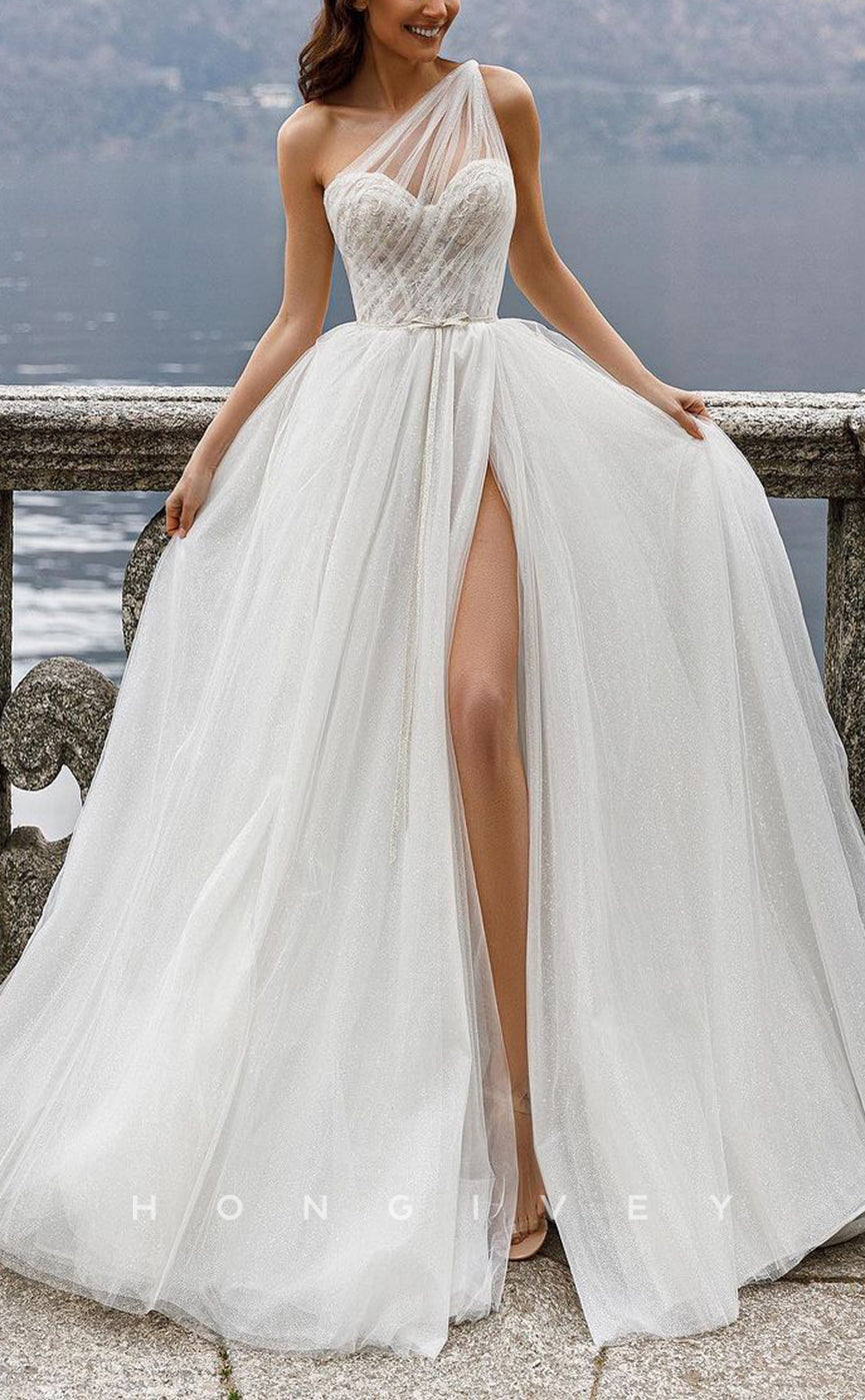 H1210 - Sexy Glitter Tulle A-Line One Shoulder Sleeveless Empire Bowknot With Side Slit Wedding Dress