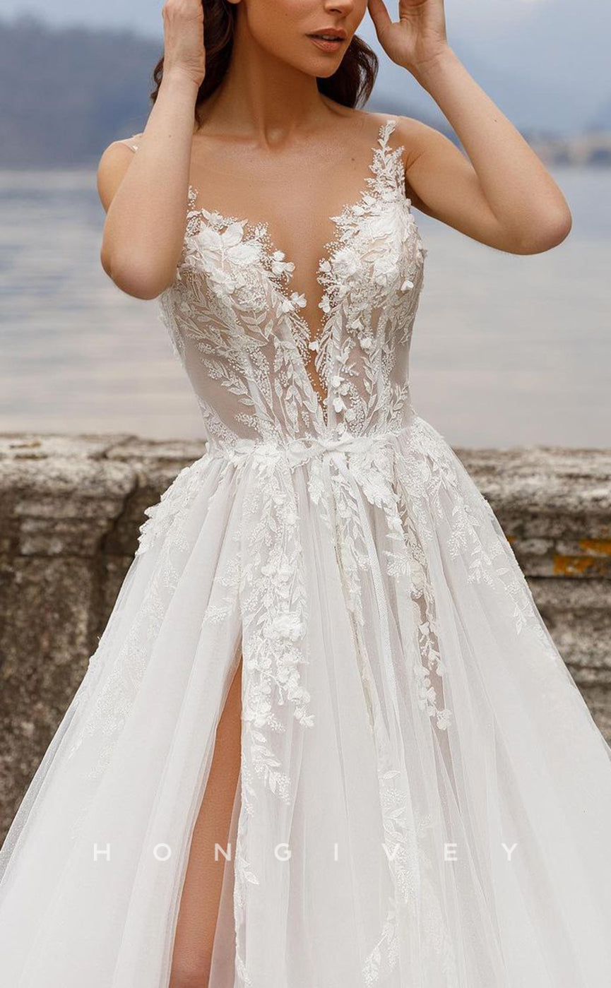 H1213 - Sexy Tulle A-Line Low V-Neck Spaghetti Straps Empire Appliques With Side Slit Wedding Dress