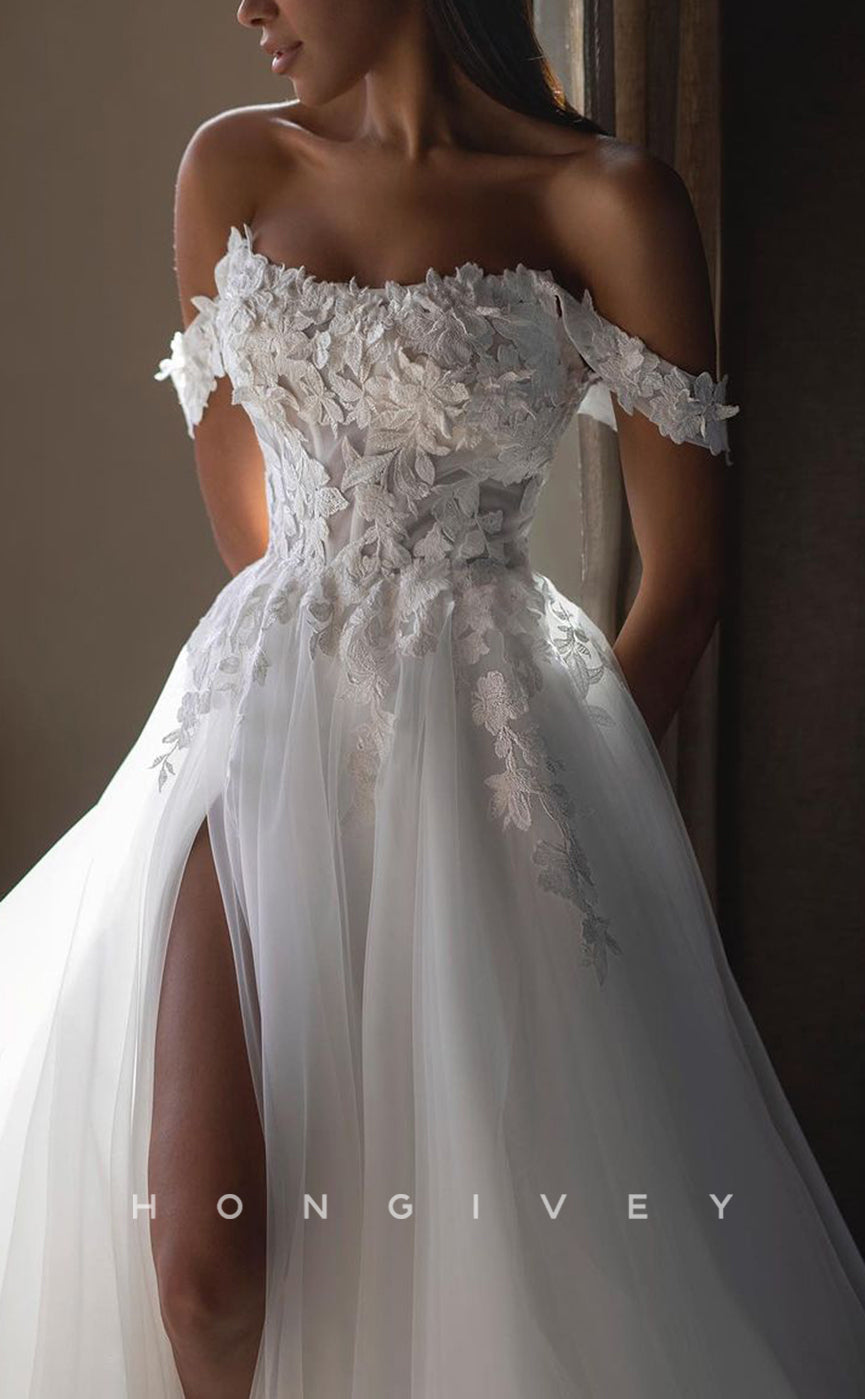 H1214 - Sexy Tulle A-Line Off-Shoulder Empire Appliques With Side Slit Wedding Dress