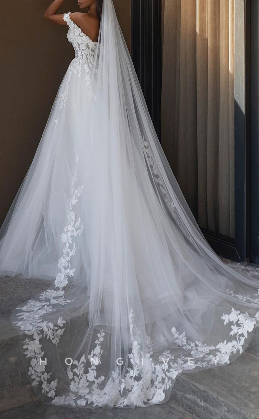 H1214 - Sexy Tulle A-Line Off-Shoulder Empire Appliques With Side Slit Wedding Dress