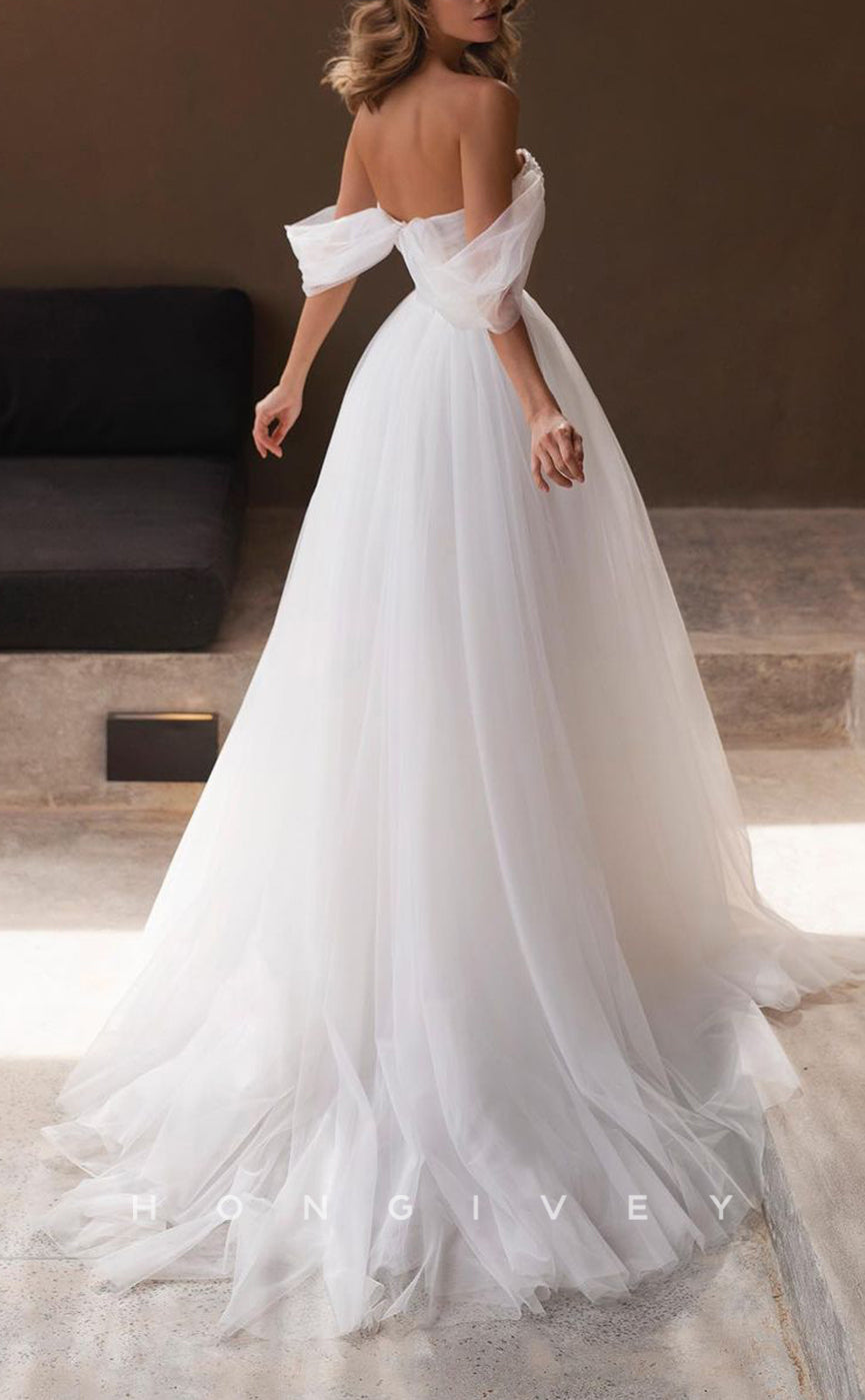 H1215 - Sexy Tulle A-Line Off-Shoulder Empire Illusion Beaded With Train Wedding Dress