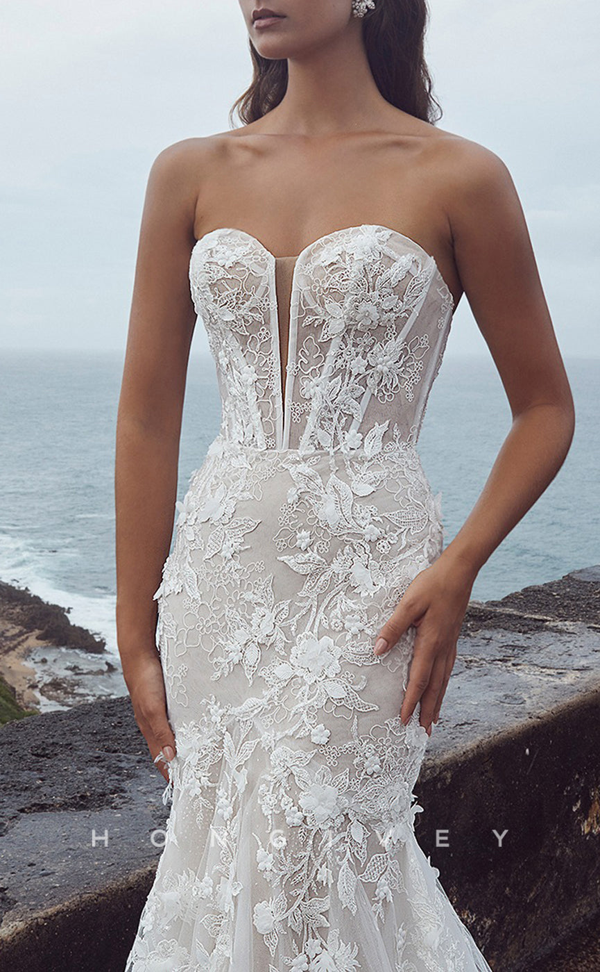 H1218 - Sexy Trumpt Lace Sweetheart Strapless Sleeveless Empire Appliques With Train Wedding Dress