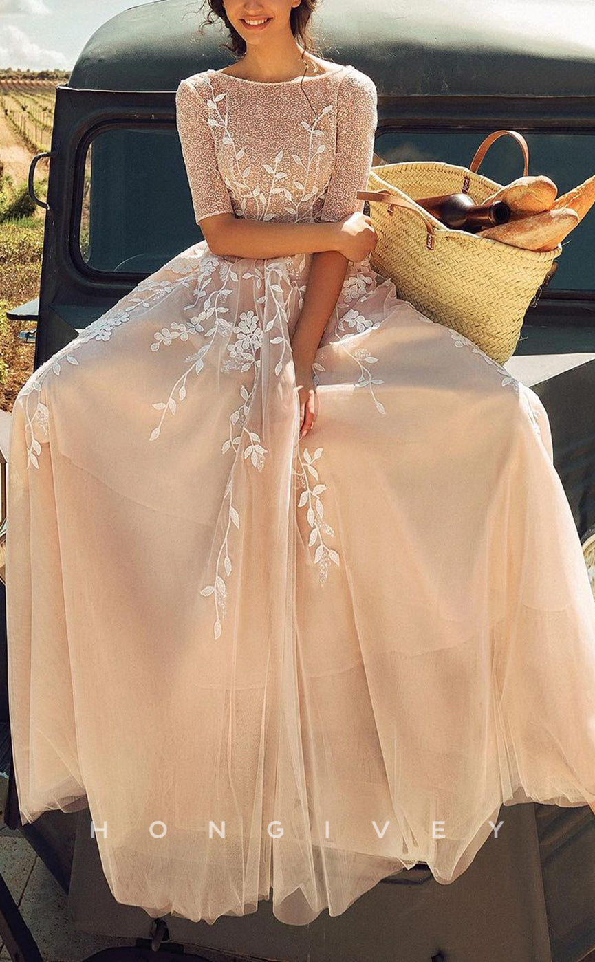 H1222 - Sexy Tulle A-Line Round Half Sleeves Style Empire Appliques Boho Wedding Dress