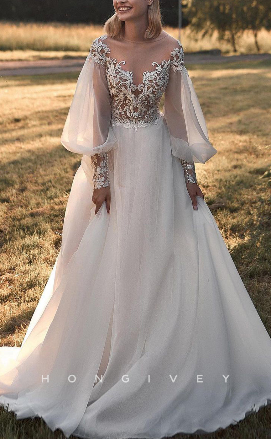 H1223 - Sexy A-line Illusion Round Long Sleeve Empire Appliques With Train Boho Wedding Dress