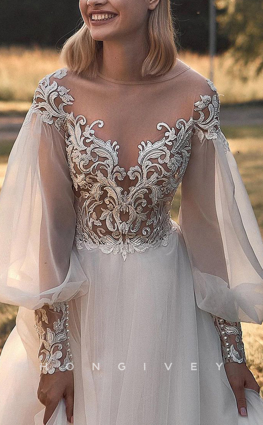 H1223 - Sexy A-line Illusion Round Long Sleeve Empire Appliques With Train Boho Wedding Dress