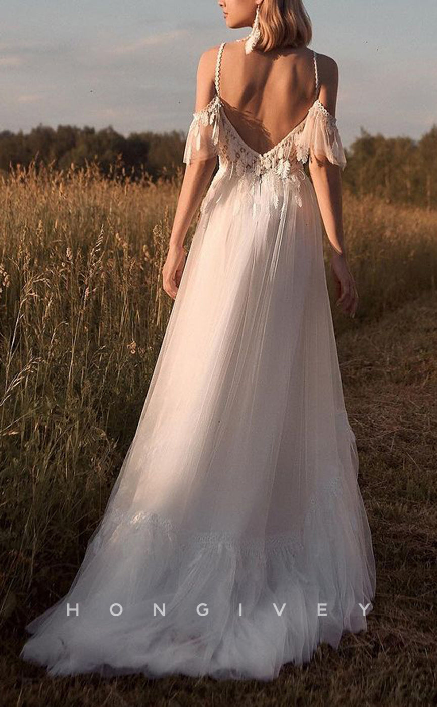 H1224 - Sexy Tulle A-Line Off-Shoulder Illusion Appliques Beaded Feathers With Train Boho Wedding Dress