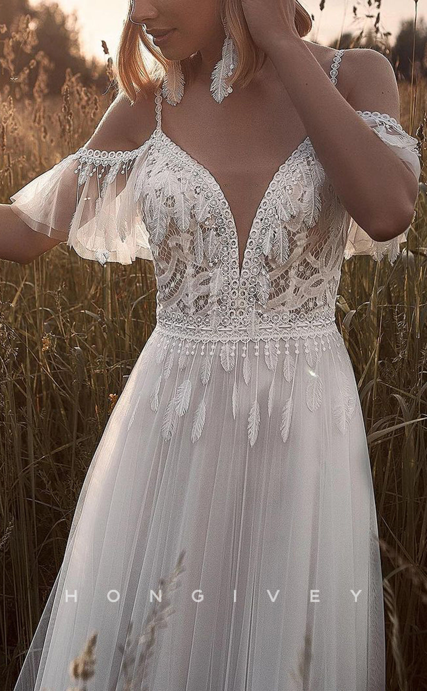 H1224 - Sexy Tulle A-Line Off-Shoulder Illusion Appliques Beaded Feathers With Train Boho Wedding Dress