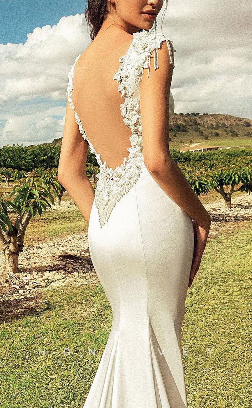 H1227 - Sexy Satin Fitted Scoop Sleeveless Empire Beaded Appliques With Train Wedding Dress