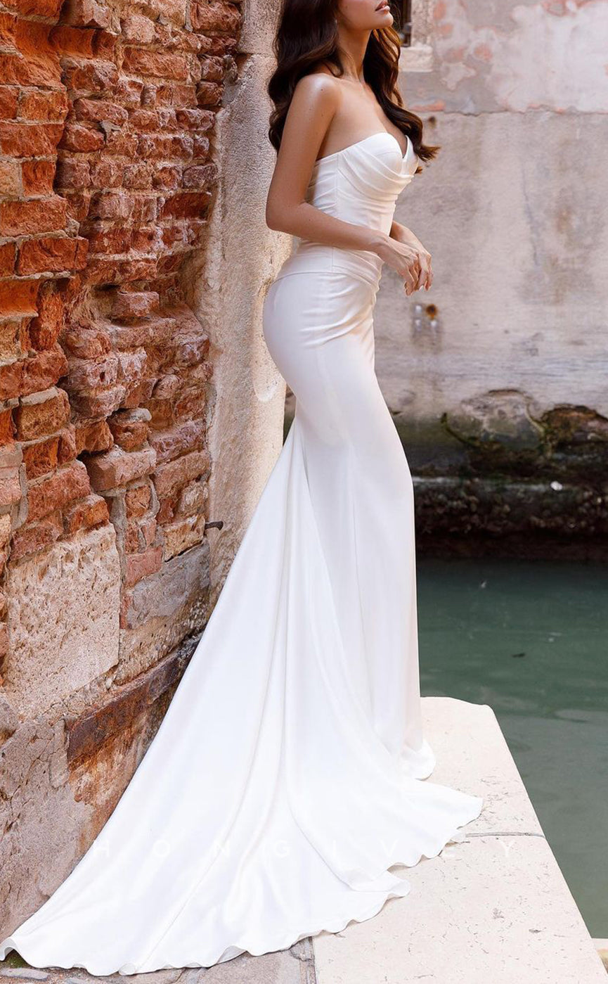 H1236 - Sexy Satin Trumpt Sweetheart Strapless Ruched With Train Wedding Dress