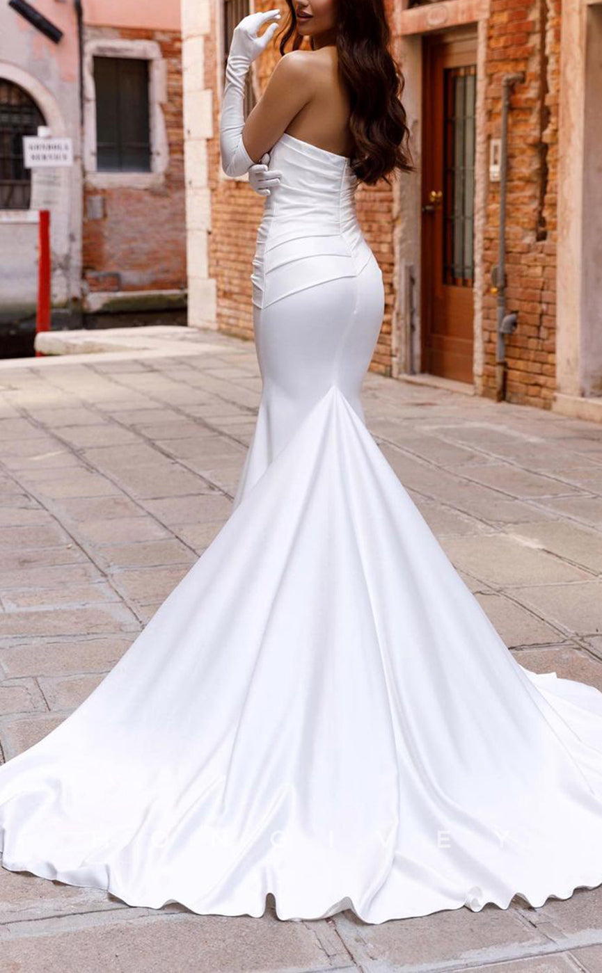 H1236 - Sexy Satin Trumpt Sweetheart Strapless Ruched With Train Wedding Dress