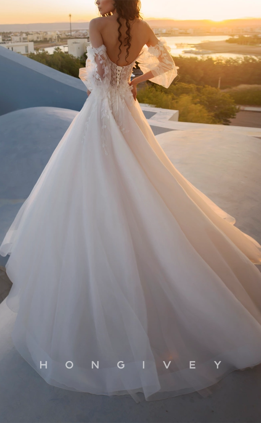 H1242 - Sexy Tulle A-Line Sweetheart Puff Sleeves Gown Empire Floral Appliqued With Train Wedding Dress