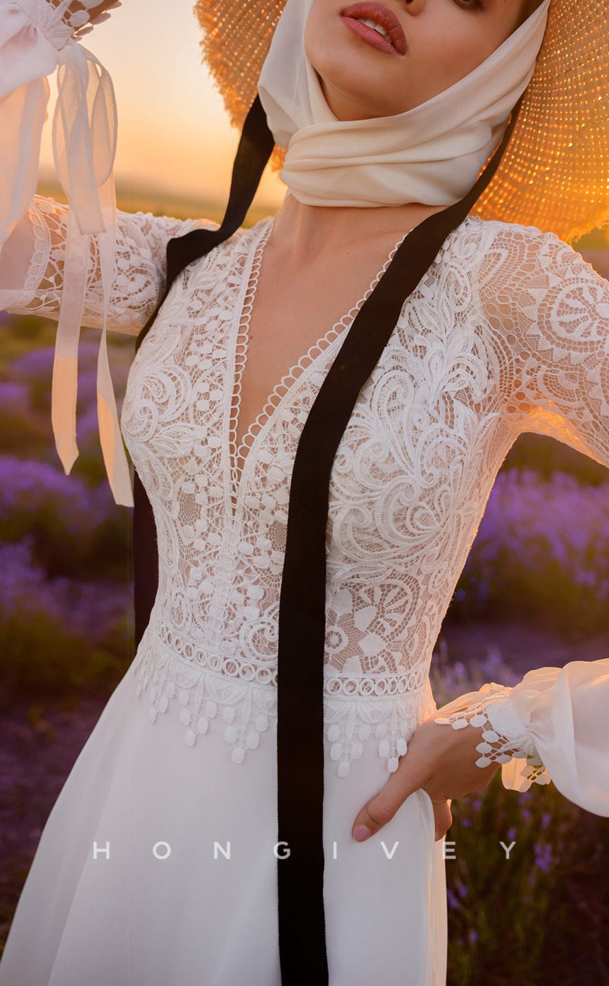 H1246 - Sexy Satin A-Line V-Neck Long Sleeve Empire Illusion Appliques With Train Boho Wedding Dress