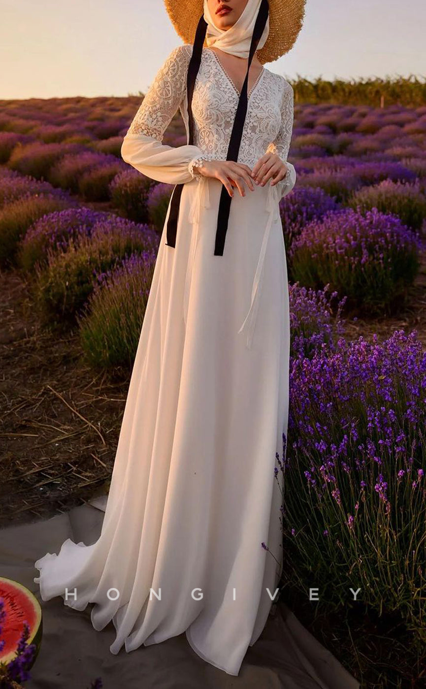 H1246 - Sexy Satin A-Line V-Neck Long Sleeve Empire Illusion Appliques With Train Boho Wedding Dress