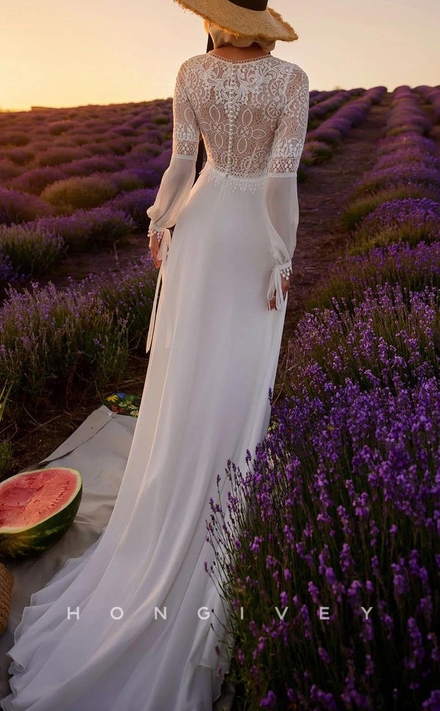 H1246 - Sexy Satin A-Line V-Neck Long Sleeve Empire Illusion Appliques With Train Boho Wedding Dress