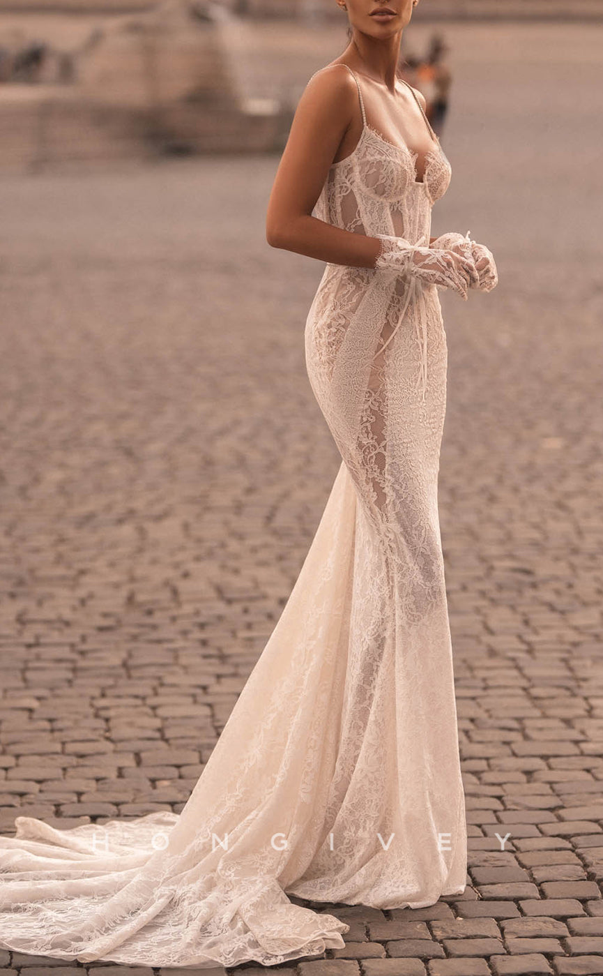 H1249 - Sexy Fitted Lace Sweetheart Spaghetti Straps Illusion Empire Appliques With Train Boho/Beach Wedding Dress