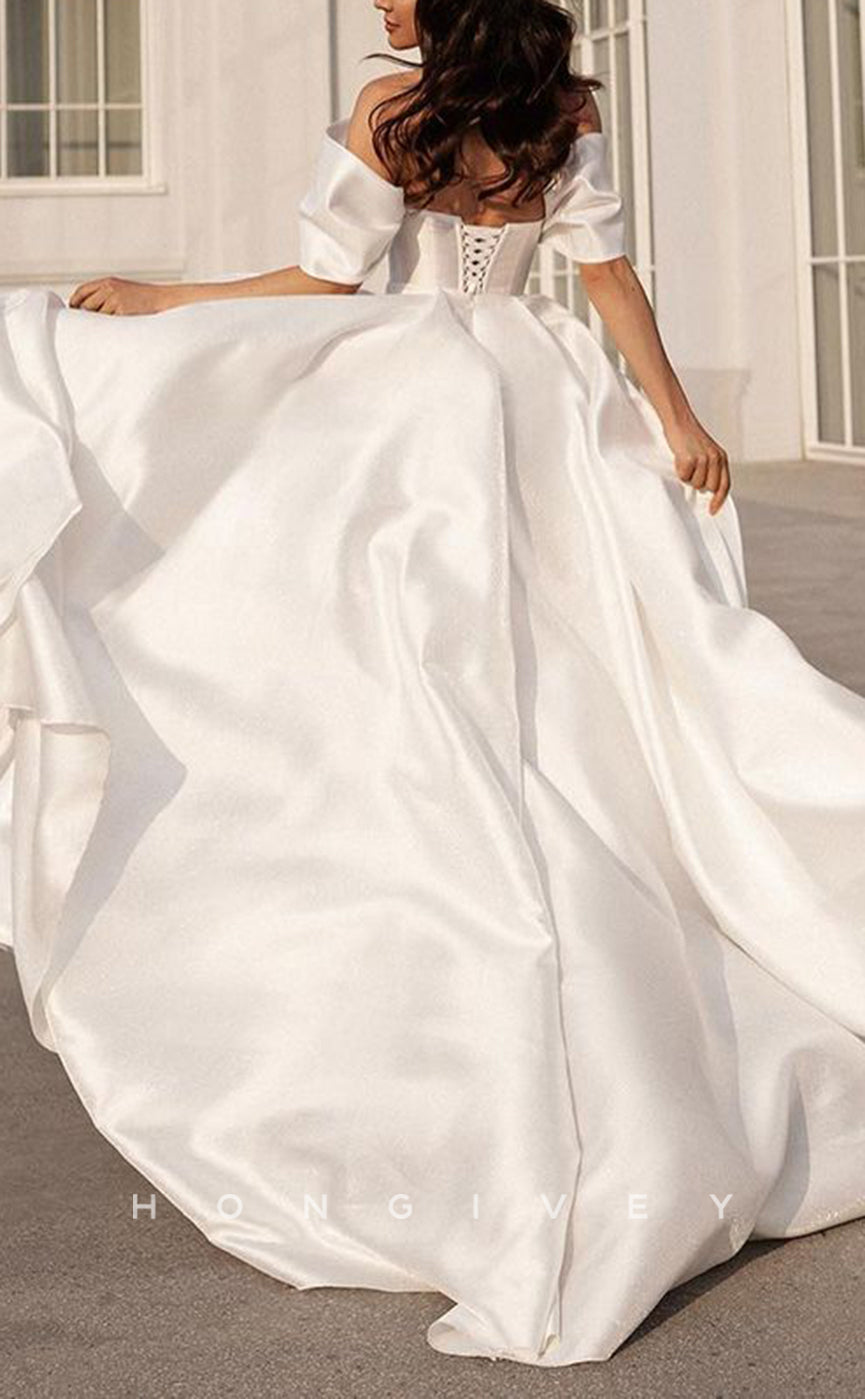 H1251 - Sexy Satin A-Line Off-Shoulder Empire Ruched With Side Slit Train Wedding Dress