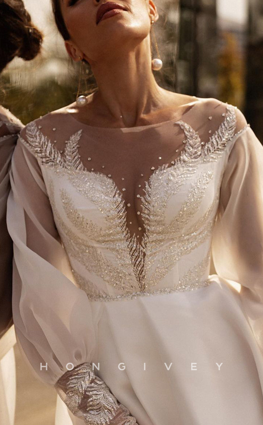 H1252 - Sexy satin A-Line Scoop Empire Long Sleeve Beaded Sequined With Side Slit Boho Wedding Dress