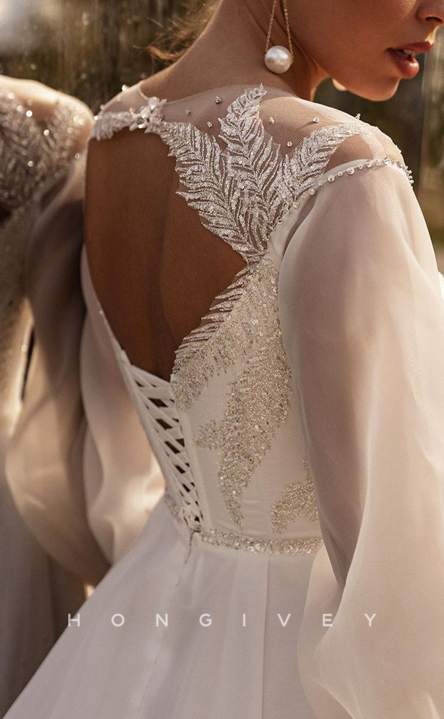 H1252 - Sexy satin A-Line Scoop Empire Long Sleeve Beaded Sequined With Side Slit Boho Wedding Dress