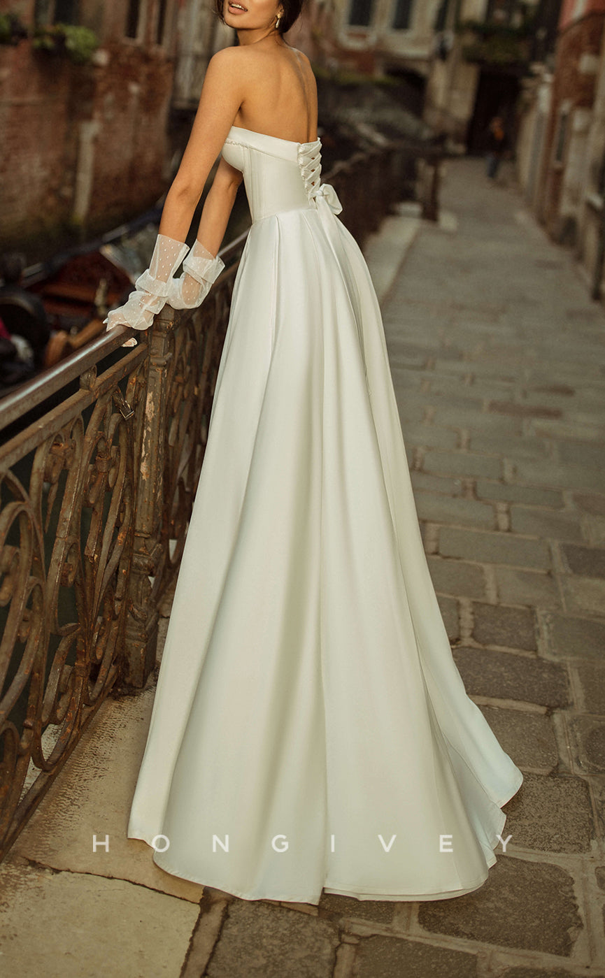 H1267 - Sexy Satin A-Line Square Strapless Empire With Lace Gloves Train Wedding Dress